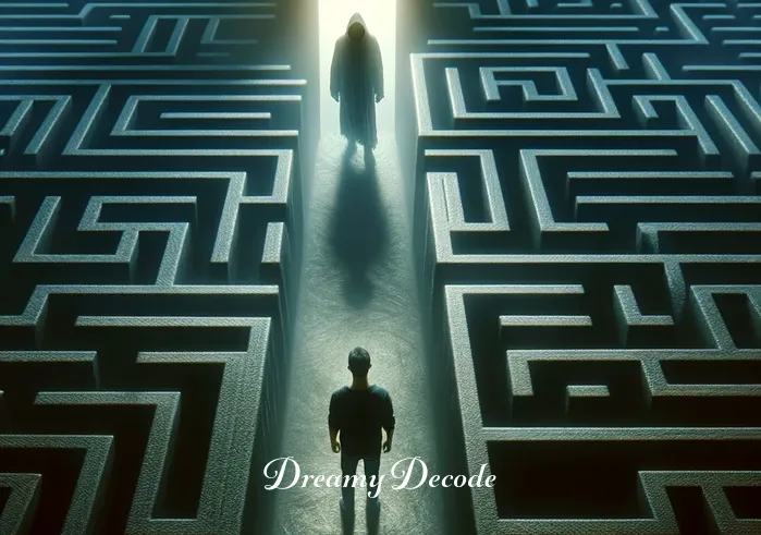 dream meaning being chased and caught _ The same person now running through a surreal, maze-like environment, with walls made of abstract shapes and colors. The shadowy figure is closer now, adding to the intensity of the chase.