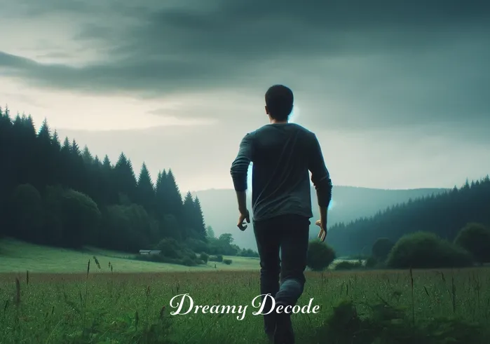 dream meaning of being chased _ A person standing in a peaceful meadow, looking towards a distant forest with a sense of apprehension. The sky is overcast, adding to the sense of unease. The person