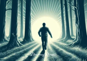 dream meaning of being chased _ The final image shows the person walking away from the forest, now in bright sunlight. Their body language shows relief and a sense of freedom. In the background, the forest seems tranquil, with no hint of the earlier sense of being chased, symbolizing the end of the dream.