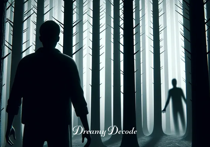 dream of being chased meaning _ A person standing at the edge of a forest, looking apprehensively into the dense trees where shadows seem to move. The forest represents the unknown, creating an atmosphere of suspense and mystery, and the person