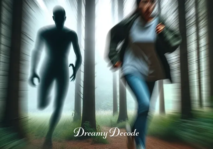 dream of being chased meaning _ A scene showing the same person running through the forest, their face showing a mix of fear and determination. Behind them, an indistinct figure looms, symbolizing an unseen chaser in a dream. The forest is blurred around the edges, emphasizing the speed and urgency of the chase.