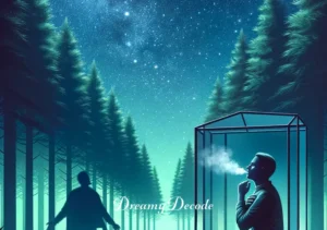 getting chased dream meaning _ In the final image, the person reaches a clearing, where the shadowy figure has vanished. They stand, catching their breath, looking relieved and introspective under the starry night sky. The forest surrounds the clearing, creating a sense of safe enclosure.