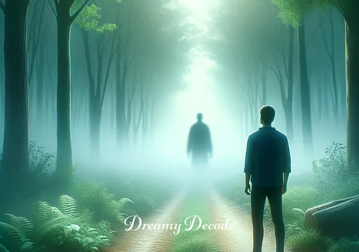 meaning of being chased in a dream _ A dreamer stands at the start of a misty forest path, looking apprehensive. In the background, a vague shadowy figure looms, symbolizing an unknown pursuer in the dream. The scene is serene yet filled with a sense of anticipation.