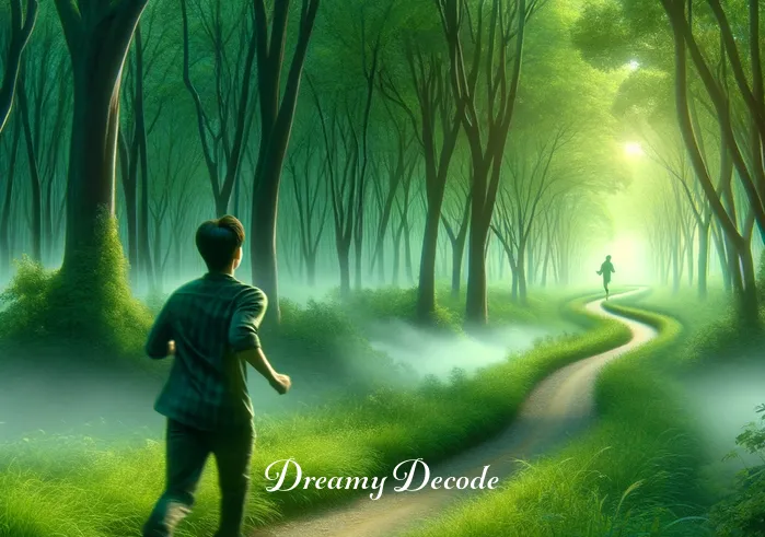 meaning of being chased in a dream _ The dreamer is now running along the path, glancing back over their shoulder at the still-unseen pursuer. The path winds through the lush green forest, emphasizing a sense of urgency yet maintaining a peaceful, dream-like quality.