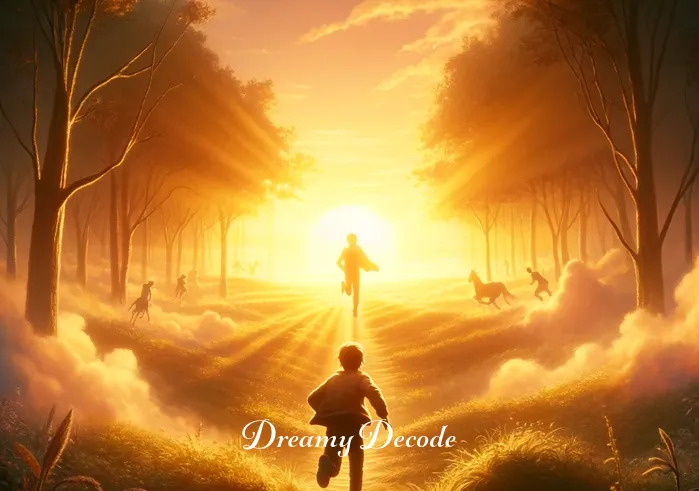 meaning of being chased in a dream _ The final scene shows the dreamer reaching a clearing, bathed in warm sunlight. They turn to face the path they've run, but the pursuer has vanished, symbolizing the resolution of the chase. The clearing is peaceful and serene, representing a safe haven in the dream.