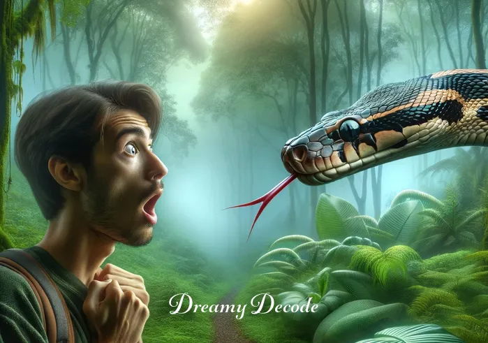spiritual meaning of being chased by a snake in a dream _ A person standing in a serene, misty forest, looking startled as they glimpse a large, intricately patterned snake emerging from the undergrowth. The snake is not menacing, but its presence is unexpected and captivating, symbolizing a sudden encounter with the unknown in a dream.