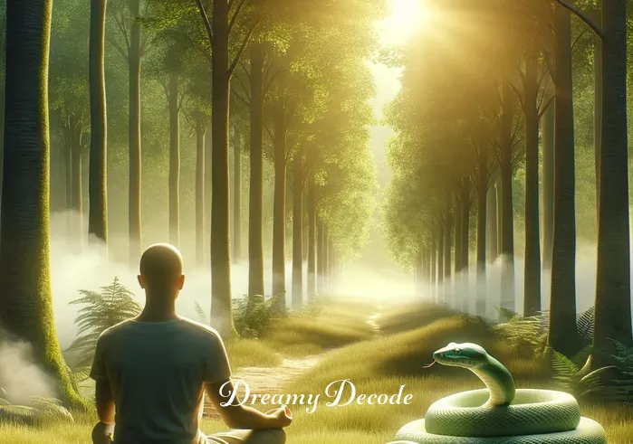 spiritual meaning of being chased by a snake in a dream _ The final image shows the person sitting peacefully in the forest clearing, the snake coiled nearby in a non-threatening manner. This scene symbolizes resolution and harmony, indicating the dreamer's successful navigation through spiritual challenges and the attainment of a deeper self-awareness.