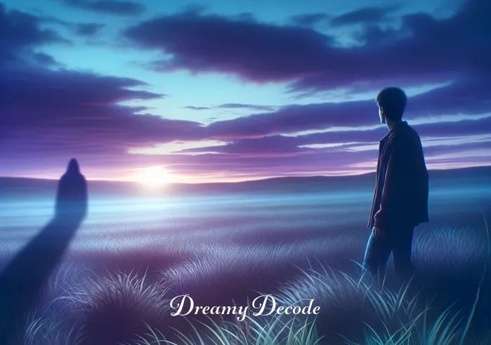 spiritual meaning of being chased in a dream _ A serene landscape at twilight, with a figure in the foreground looking apprehensively over their shoulder. Shadows stretch long across the grass, hinting at an unseen presence behind them. The sky above is a canvas of soft purples and blues, adding a mystical quality to the scene.