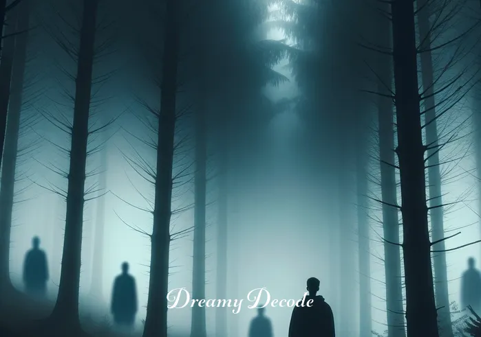 what is the spiritual meaning of being chased in a dream _ A person standing at the edge of a misty forest, looking apprehensively into the dense fog where shadowy figures can be vaguely seen. The atmosphere is eerie but not threatening, conveying a sense of anticipation and uncertainty.