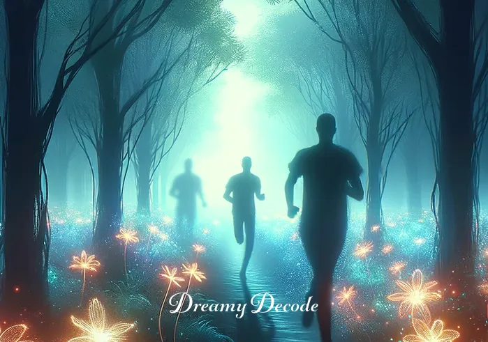 what is the spiritual meaning of being chased in a dream _ The same person, now in the heart of the misty forest, running lightly on a path lined with glowing, ethereal flowers. The shadowy figures are slightly closer but still indistinct, symbolizing unseen challenges or fears in pursuit.