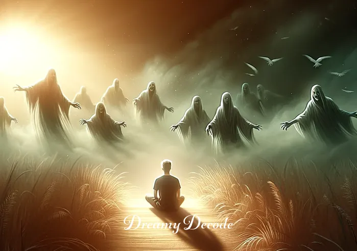 what is the spiritual meaning of being chased in a dream _ A final scene where the person is seen peacefully sitting at the edge of the clearing, surrounded by the once-chasing figures who now appear as benevolent spirits. The atmosphere is calm and enlightened, suggesting a resolution and understanding of the dream's spiritual message.