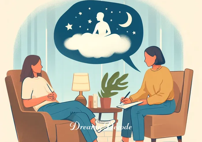 cheating dream meaning _ An image of the same person from the first scene, now discussing their dream with a therapist in a cozy, comfortable office. Both individuals are engaged in conversation, with the therapist taking notes.