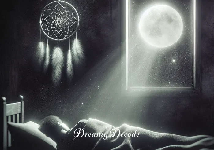cheating in a dream meaning _ The same person now asleep, with a serene expression. The room is dark, and gentle moonlight filters through a window, casting soft shadows. A dream catcher hangs above the bed, symbolizing the transition into the dream world.