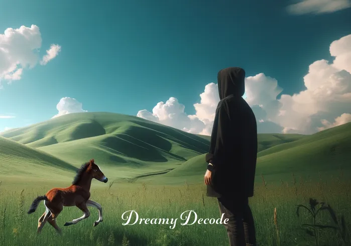 baby horse dream meaning _ A person standing in a lush, green meadow under a bright blue sky, gazing at a distant hill where a baby horse (foal) is seen playfully galloping, symbolizing new beginnings and freedom.