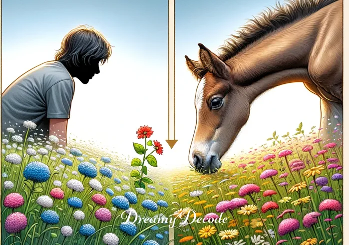 baby horse dream meaning _ The same person now closer to the foal, which has stopped to curiously sniff a patch of colorful wildflowers, illustrating exploration and the discovery of life