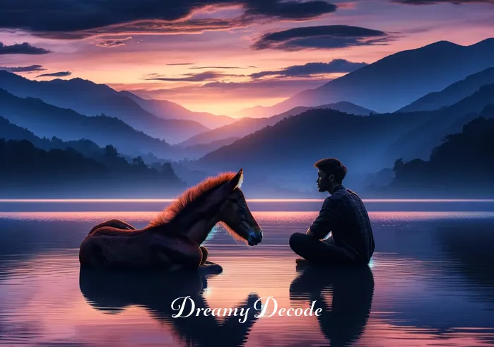 baby horse dream meaning _ The scene transitions to twilight with the person and the foal sitting peacefully by a serene lake, reflecting on personal growth and the development of new relationships, as seen in the bonding between them.