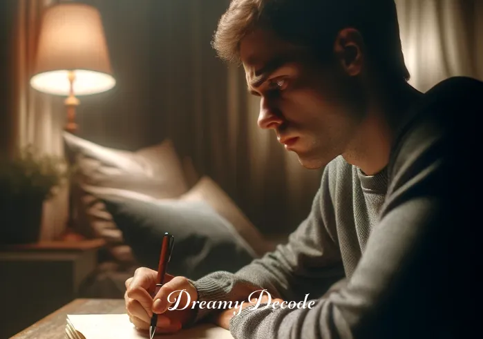 cheating in dream meaning _ A person sitting at a dimly lit desk, looking troubled as they jot down notes from a dream journal. The room is cozy, with soft lighting casting gentle shadows, and the person appears deep in thought, reflecting the introspection often associated with analyzing dreams about cheating.