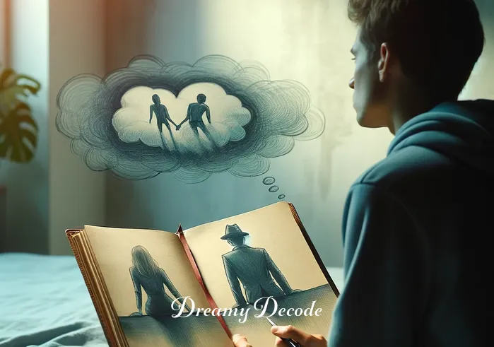 cheating partner dream meaning _ A person sits in a softly lit room, gazing pensively at a dream journal. The journal is open to a page with a sketch of two figures standing apart, symbolizing the beginning of a dream about a cheating partner. The room