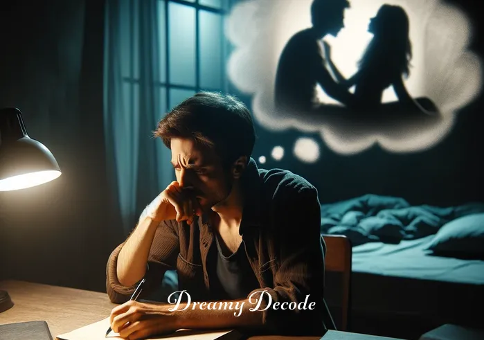 cheating spouse dream meaning _ A person sitting at a dimly lit desk, visibly troubled, with a journal open and a pen in hand. The person is in deep thought, symbolizing the initial confusion and shock upon waking from a dream about a cheating spouse.