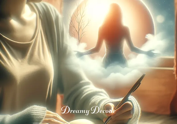 cheating spouse dream meaning _ A serene image of the dreamer writing in the journal, now in a brighter, more peaceful setting, indicating a sense of resolution and understanding gained from interpreting the dream about the cheating spouse.