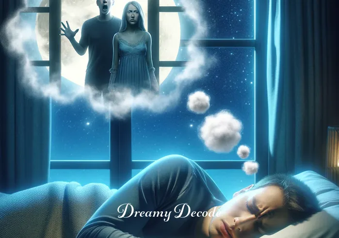 dream cheating meaning _ The same person now deeply asleep, depicted in a peaceful bedroom with moonlight filtering through the window. A dream bubble shows an image of the person seemingly caught in a situation of romantic infidelity, expressing a mix of confusion and surprise in the dream.