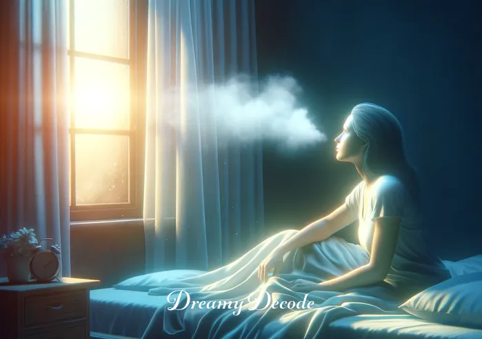 dream meaning cheating _ The final scene shows the dreamer waking up, sitting on the bed with a thoughtful expression. Morning light filters through the window, symbolizing a new understanding or realization about the dream's significance in their waking life.