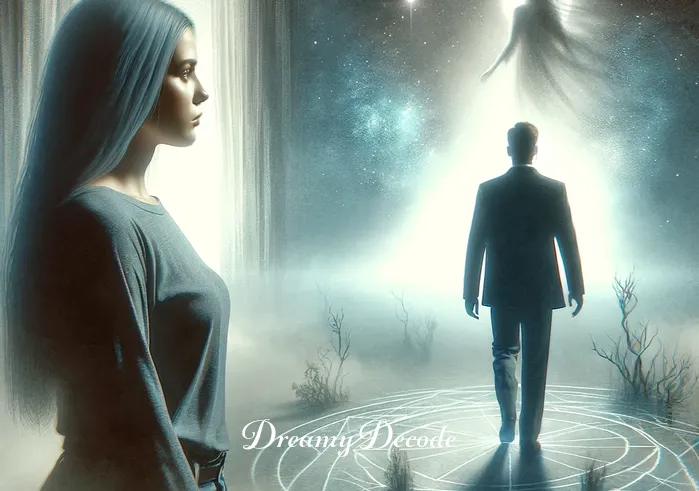 dream meaning cheating husband _ The same woman now appears in a dream-like sequence, where she is observing her husband from a distance in a surreal, misty setting. The husband is depicted in an ambiguous interaction with a shadowy, indistinct figure, symbolizing the concept of infidelity.
