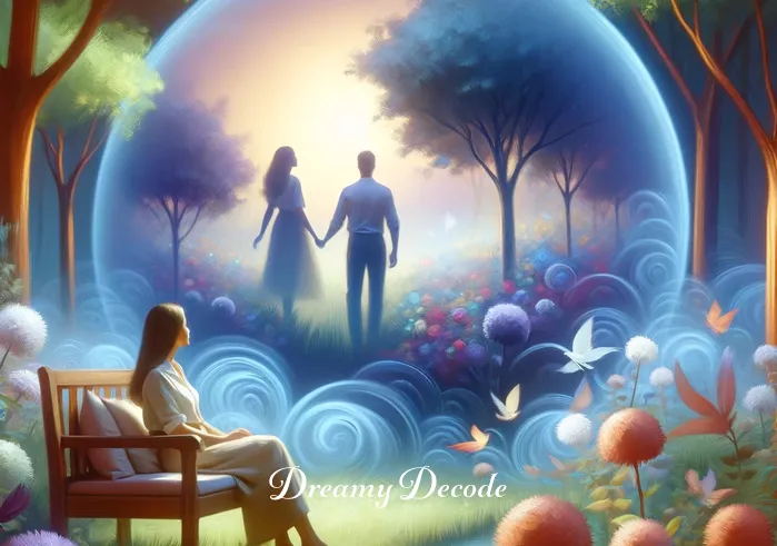 dream meaning cheating husband _ Transitioning to a more positive scene in the dream, the woman and her husband are shown in a peaceful garden, engaging in a conversation. This represents the process of understanding and communication in the dream narrative.