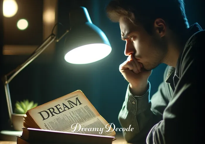 dream meaning cheating on partner _ A person sitting at a dimly lit desk, looking troubled and contemplative, with a dream dictionary open in front of them, symbolizing the initial curiosity and concern about a dream where they cheated on their partner.