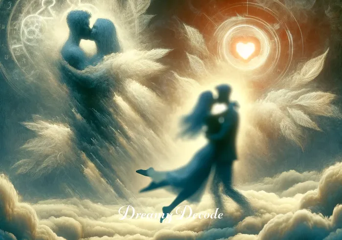 dream meaning cheating on partner _ A dream sequence showing an abstract, slightly blurred image of the person in a romantic embrace with an unknown figure, representing the act of cheating in the dream, surrounded by a misty and surreal background.