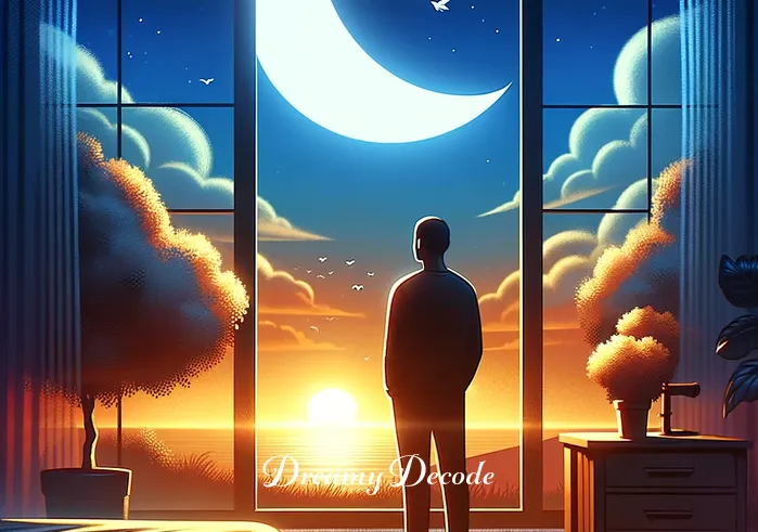 dream meaning cheating on partner _ A final image of the person looking relieved and contemplative, standing by a window with a view of a peaceful sunrise, symbolizing understanding and resolution after interpreting the dream about cheating.