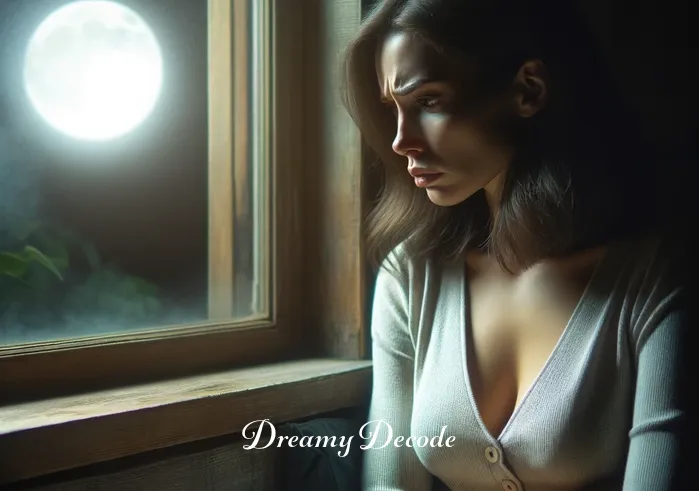 dream meaning husband cheating _ A woman sitting in a dimly lit room, her expression pensive and troubled as she gazes out of a nearby window. The moonlight softly illuminates her face, highlighting her furrowed brow and the dream interpretation book open in her lap, its pages discussing infidelity.
