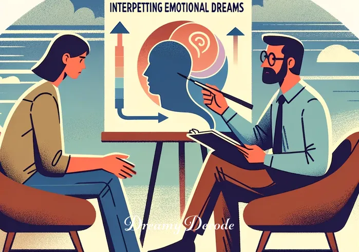 dream meaning of cheating _ An image of the same person from the first image, now in a brighter room, engaged in a deep conversation with a therapist. The therapist is pointing towards a chart titled "Interpreting Emotional Dreams," suggesting a path to understanding.