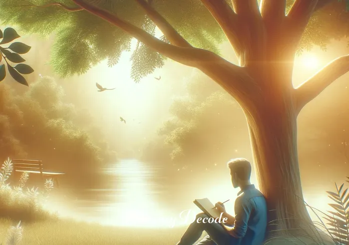 dream meaning of cheating _ A serene image of the person from the earlier images sitting under a tree in a peaceful garden, writing in a journal. The scene conveys a sense of calm and resolution, symbolizing personal growth and understanding after exploring the meaning of their dream.