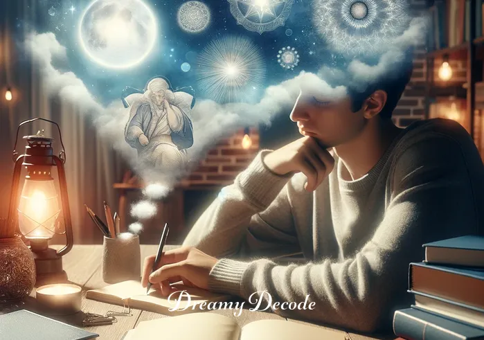 dream meaning of ex wife cheating _ A person sitting at a desk with a thoughtful expression, surrounded by dream interpretation books and a journal, symbolizing the beginning of self-reflection about a dream involving an ex-wife cheating.