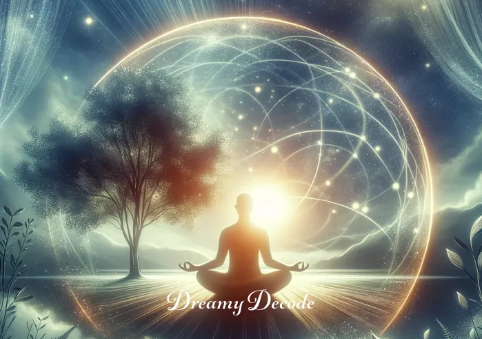 dream meaning of ex wife cheating _ A final image of the person in a peaceful, meditative pose, surrounded by light and nature, symbolizing the resolution and emotional clarity gained from interpreting the dream.