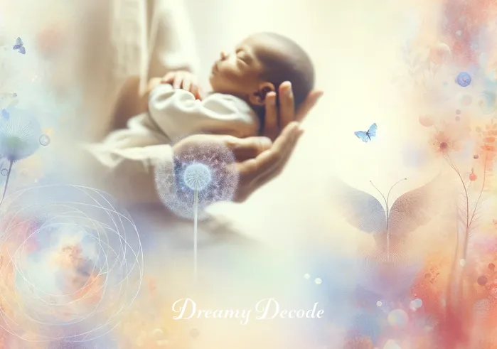 baby in a dream meaning _ A peaceful, pastel-toned image depicting a person gently holding a small, sleeping baby in their arms. The background is softly blurred, emphasizing the tranquility and protective embrace. The image represents the initial stage of dreaming about a baby, symbolizing innocence and vulnerability.