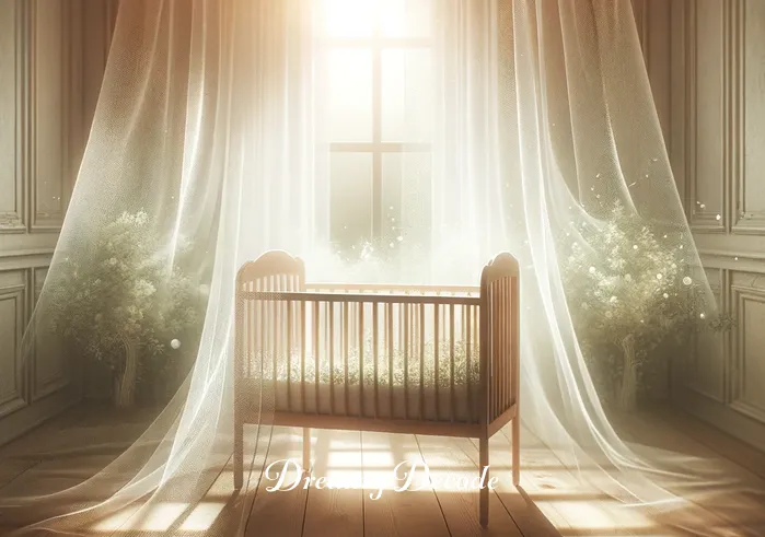 baby in a dream meaning _ An image of a bright, sunlit room with a crib in the center. A dream-like, ethereal quality pervades the scene, with soft light filtering through translucent curtains. This represents the progression of the dream, focusing on the nurturing and growth aspects associated with dreaming about a baby.