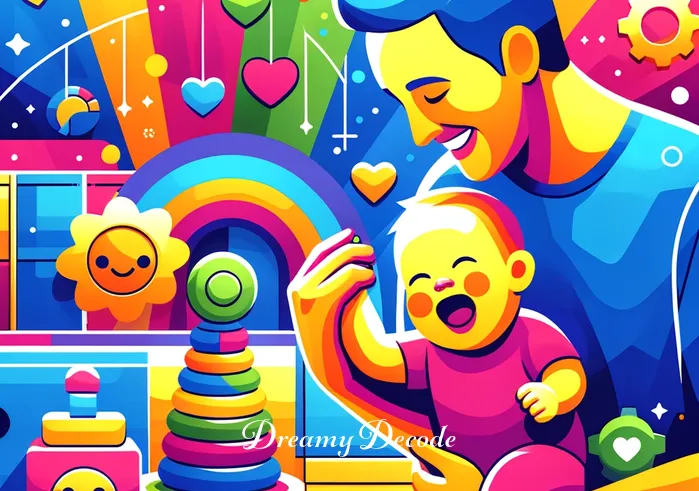 baby in a dream meaning _ A vibrant image showing a person smiling and playing with a laughing baby in a colorful, safe, and imaginative play area. The scene symbolizes the joy and happiness often associated with dreams about babies, highlighting the positive emotions and the developmental stages of care and love.