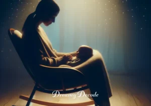 baby in a dream meaning _ A serene image of a person and a baby in a cozy, dimly-lit room, with the person gently rocking the baby to sleep. The atmosphere is calm and comforting, symbolizing the conclusion of the dream, representing protection, peace, and the deep bond between caregiver and child.