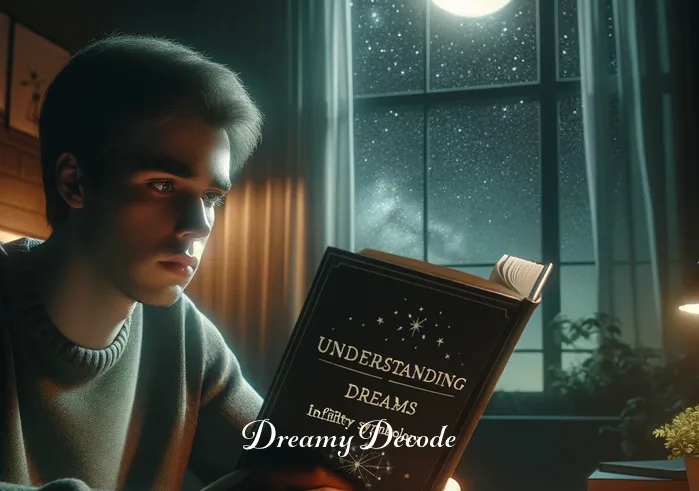 dream of husband cheating meaning _ A person sitting at a desk in a dimly lit room, looking concerned while reading a book titled "Understanding Dreams: Infidelity Symbolism". The room is cozy with soft lighting and a window showing a starry night outside. The person