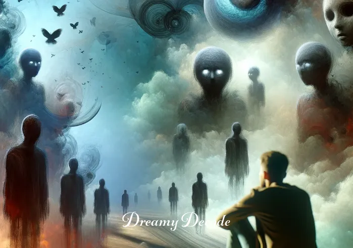 dream of husband cheating meaning _ A dream sequence depicting a surreal and abstract interpretation of infidelity. In the dream, shadowy figures are seen in a misty landscape, representing betrayal and confusion. The dreamer is observing from a distance, with a mix of emotions visible on their face.