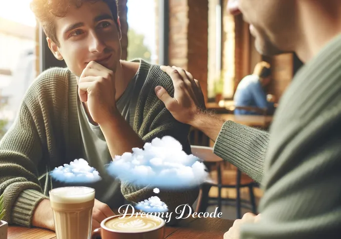 dream of husband cheating meaning _ The same person from the first image now in a brighter, more relaxed setting, discussing the dream with a friend over coffee. Both individuals appear engaged and supportive, with the friend offering comforting gestures and advice.