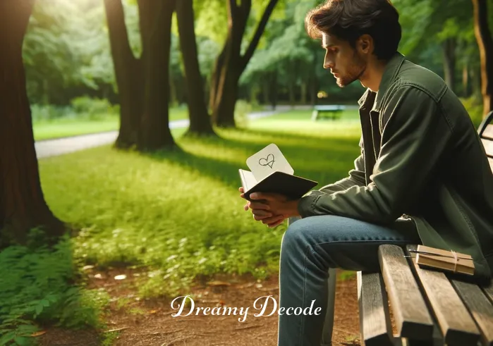 dream of spouse cheating meaning _ The individual is seen in a serene outdoor setting, reflecting alone. They are sitting on a park bench, surrounded by trees, looking thoughtful and calmer. A notebook is open in their lap, with visible notes that include symbols of love and trust, indicating a process of self-reflection and understanding of the dream.