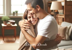 dream of spouse cheating meaning _ The final image shows the person happily reconciled with their spouse. They are in a cozy home environment, sharing a warm embrace and smiling. The atmosphere is one of understanding and renewed connection, with the earlier tension resolved and a sense of peace and security in their relationship.