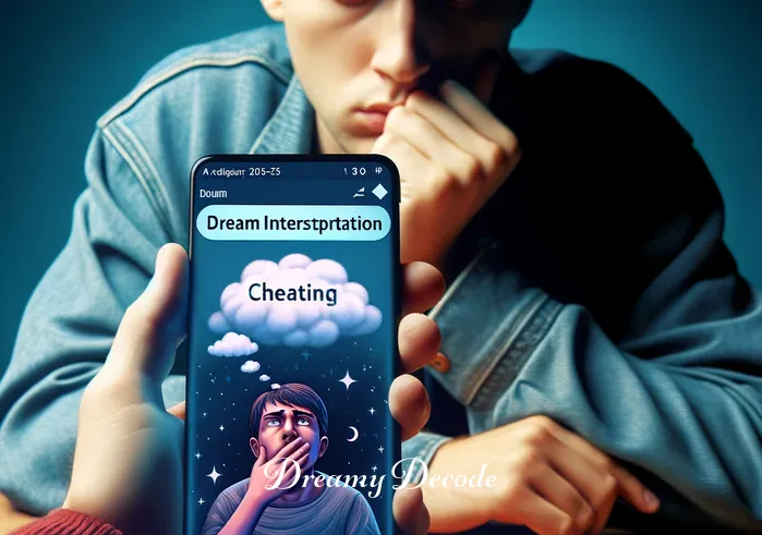 gf cheating dream meaning _ A person sitting at a table with a concerned expression, holding a smartphone. On the screen, there