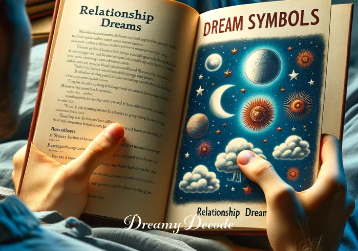 gf cheating dream meaning _ The same person now deeply engrossed in reading a book titled "Dream Symbols and Meanings", with a chapter bookmarked on relationship dreams, indicating a deeper exploration into the dream