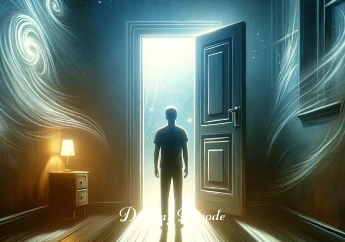 husband cheating dream meaning _ A dream sequence where a person is standing in a dimly lit room, looking at a closed door with curiosity and apprehension, symbolizing the beginning of a journey into the subconscious mind related to fears and insecurities about a relationship.