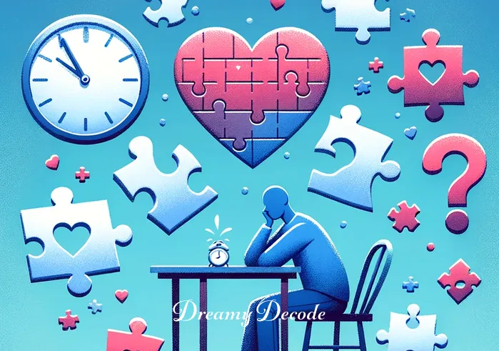 husband cheating dream meaning _ An image of a person sitting at a table with scattered puzzle pieces featuring images of a clock, a heart, and a question mark, symbolizing the process of piecing together emotions and understanding the meaning behind the dream of infidelity.