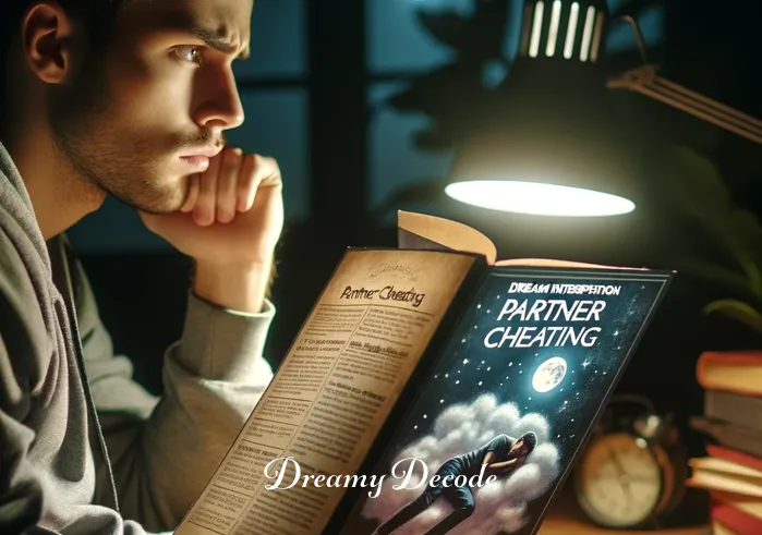 partner cheating dream meaning _ A person sitting in a dimly lit room, looking thoughtful and concerned while staring at a dream interpretation book open on "partner cheating" page, symbolizing the initial curiosity and concern about the meaning of such a dream.